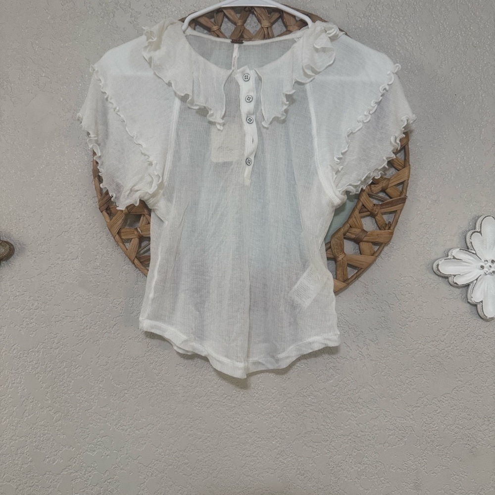 Free People White Ruffle-Sleeve Henley Top - Picture 3 of 4